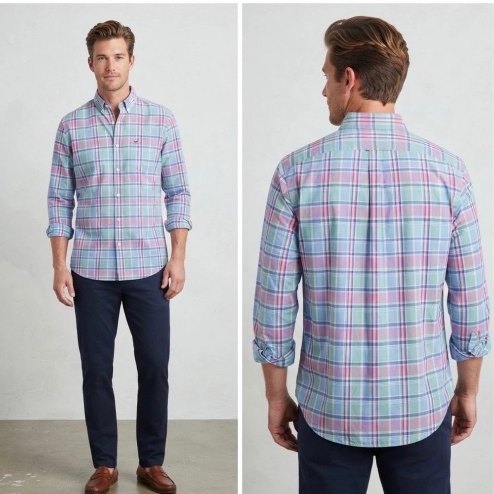 Vineyard Vines Classic Fit Tucker Shirt XL Mens Plaid Blue Pink Green Stretch